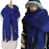 Apaszki i szaliki damskie - Duży Ciepły Szal Gruby Elegancki Modny Szalik Damski Zimowy Chusta Kolor Niebieski Szafir - miniaturka - grafika 1