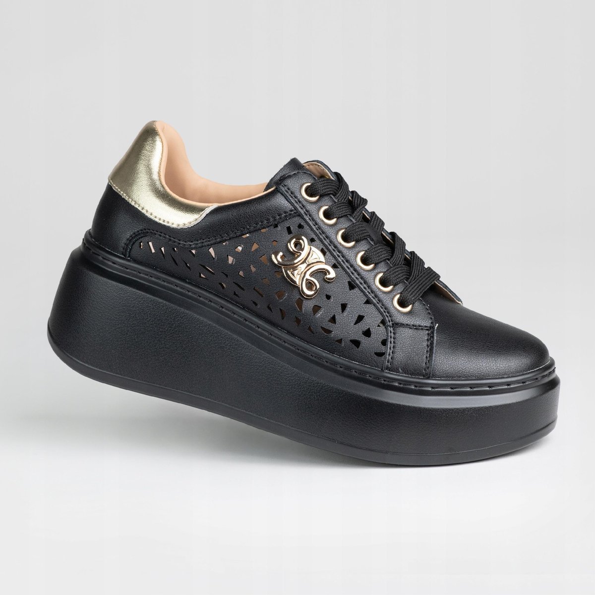 Sneakersy damskie na platformie BOSHIMAO Y139 półbuty skóra naturalna BLK40