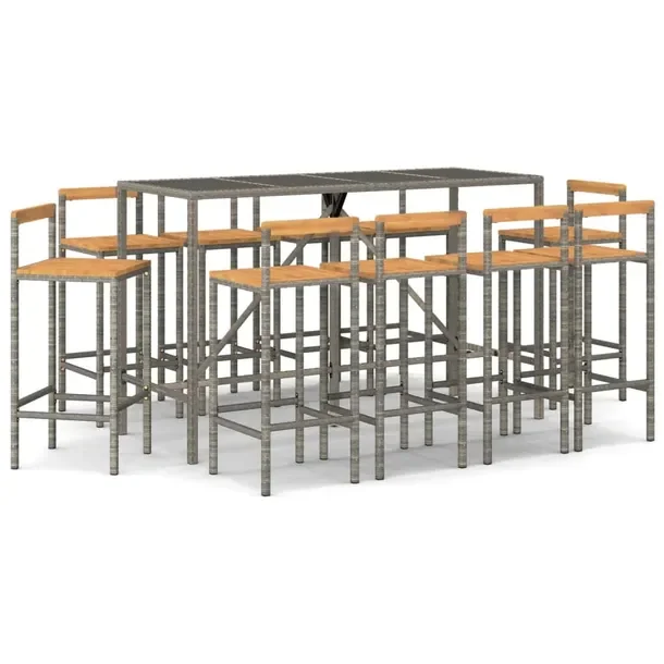 Zestaw mebli barowych rattan PE - szary, 10 krzeseł + stolik, 180x70x110cm