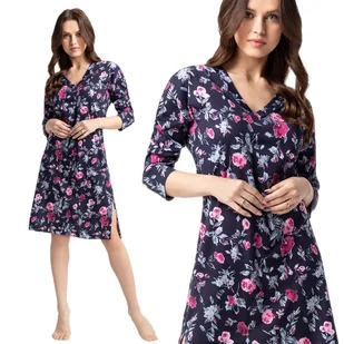 Koszula Damska Luna Kod 72 Granatowa W Amarantowe Niebieskie Kwiaty  4Xl - Bielizna nocna - miniaturka - grafika 1