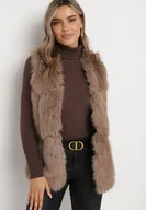 Kamizelki damskie - Ciemnobeżowa Kamizelka Futrzana z Wstawkami z Ekoskóry Batliewa - miniaturka - grafika 1