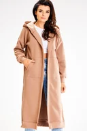 Bluzy damskie - Niezapinana Długa Bluza z Kapturem - Beżowa - Awama - miniaturka - grafika 1