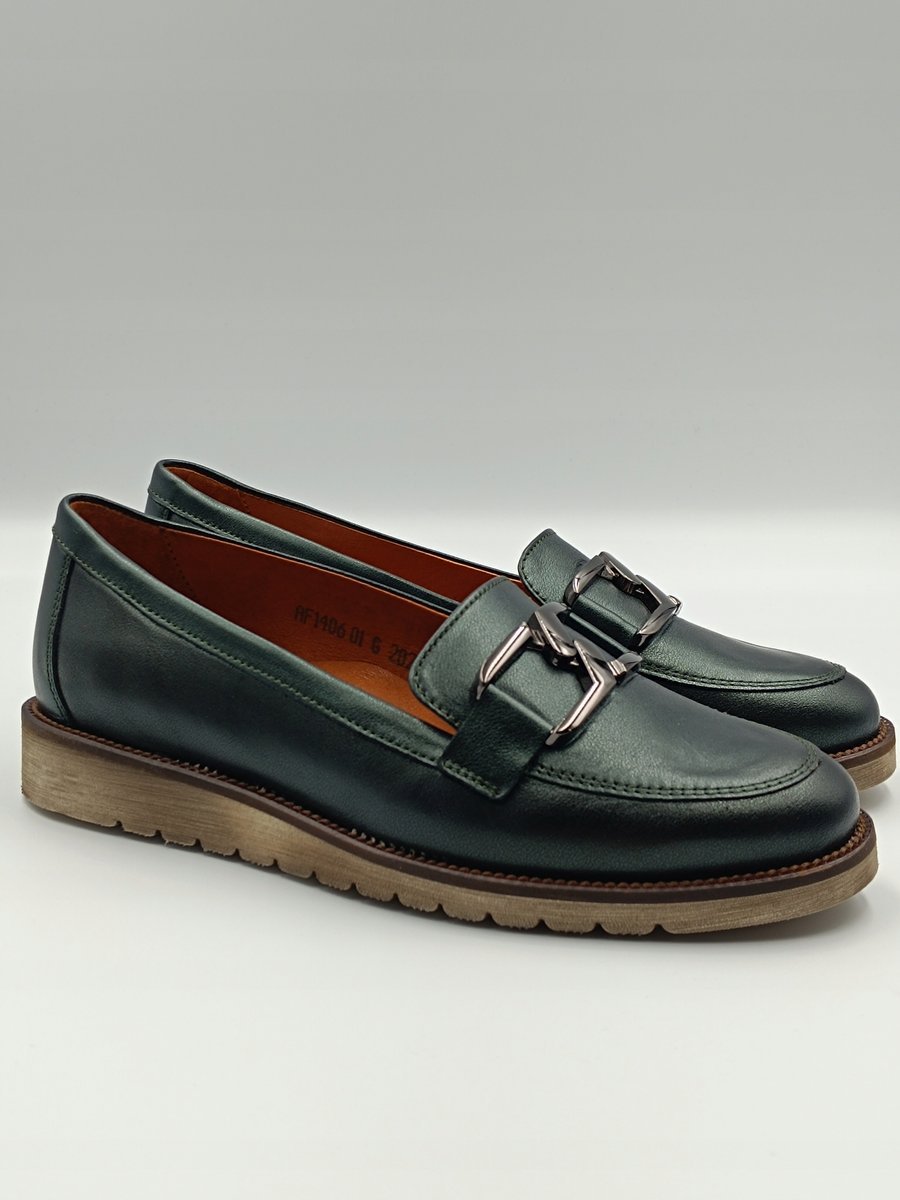 Zielone skórzane mokasyny styl ozdoba w kolorze niklu polska marka PULSO r. 37