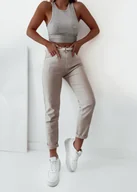Spodnie damskie - SPODNIE JEANSOWE MOM FIT Z PASKIEM- JASNO BEŻOWE - Olika - miniaturka - grafika 1