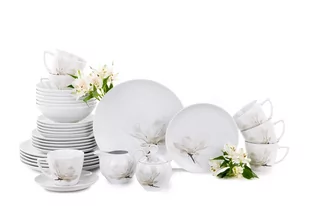 Zestaw porcelanowy obiadowo-kawowy na 6 os. Biały / wzór magnolii BOSS MAGNOLIA Konsimo - Serwisy obiadowe - miniaturka - grafika 1