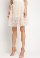 Spódnice - Beżowa Spódnica Rozkloszowana z Gumką w Talii Powleczona Tiulowym Materiałem Firila - miniaturka - grafika 1