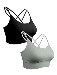 Sykooria Sportowy biustonosz damski, wyściełany biustonosz bez fiszbin, ramiączka spaghetti, wzór Cross Back Push up, biustonosz sportowy do jogi, fitnessu, czarny + zielony., L - Biustonosze - miniaturka - grafika 1