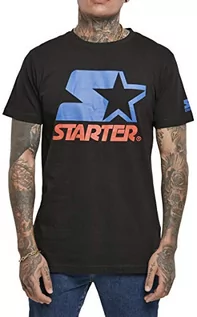 Koszulki męskie - STARTER BLACK LABEL Męski T-shirt z nadrukiem z przodu i na rękawach, naszywka z logo na obszyciu, sportowy okrągły dekolt, dostępny w kolorze czarnym i białym, rozmiar S do XXL, czarny, S - grafika 1