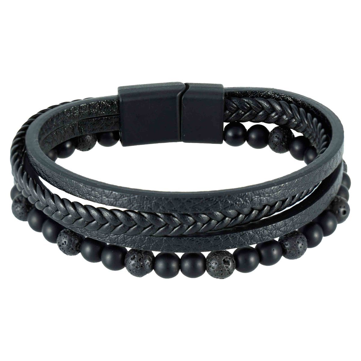 Bransoletka męska skórzana z koralikami - czarna wulkan LAWA