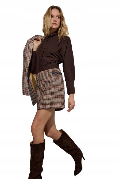 TRENDYOL KRÓTKA SPÓDNICA W KRATĘ Z SKÓRZANYM DETALEM 34 OPA