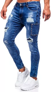 Spodnie męskie - Granatowe spodnie jeansowe męskie slim fit Denley TF249 - grafika 1