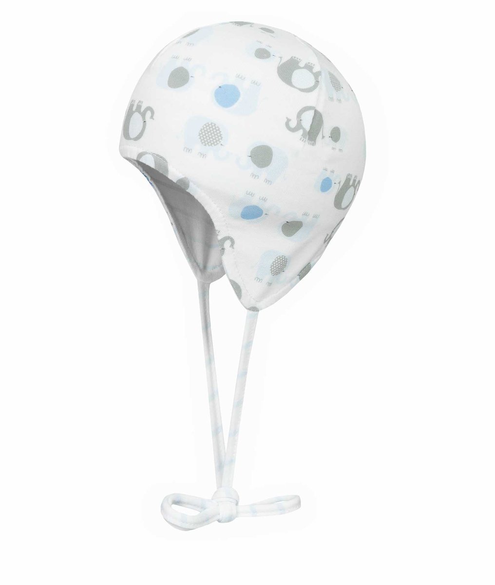 Czapka niemowlęca dwustronna, biała, paski, słonie, wiązana, Döll