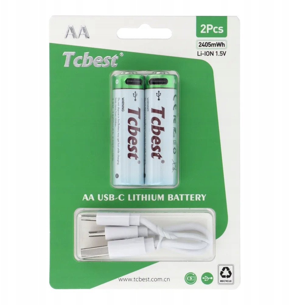 TCBEST bateria akumulatorowa R6 AA 650 mAh z gniazdem Typ C + kabel USB A do 2 x Typ C 2 szt