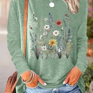 Bluzki damskie - TEMU Koszulka Damska z Kwiatowym Nadrukiem - Czarna, Wielokolorowy Wzór Kwiatowy, Luźny Krój na Codzień i Domowe Noszenie - Pranie w Pralce, - miniaturka - grafika 1