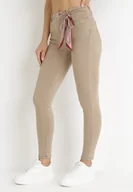 Spodnie damskie - Beżowe Spodnie Skinny z Wysokim Stanem i Kokardką przy Pasie Diorene - miniaturka - grafika 1