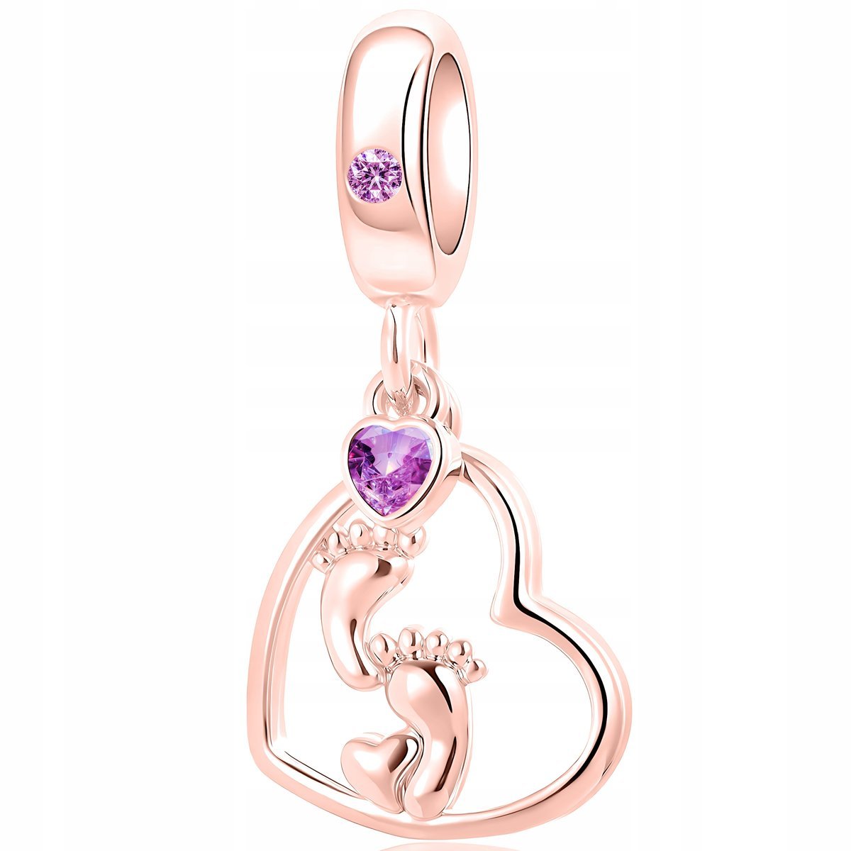 Zawieszka Wisząca Charms Różowy ze Stópkami Serce Cyrkonia Stópki Dziecięce