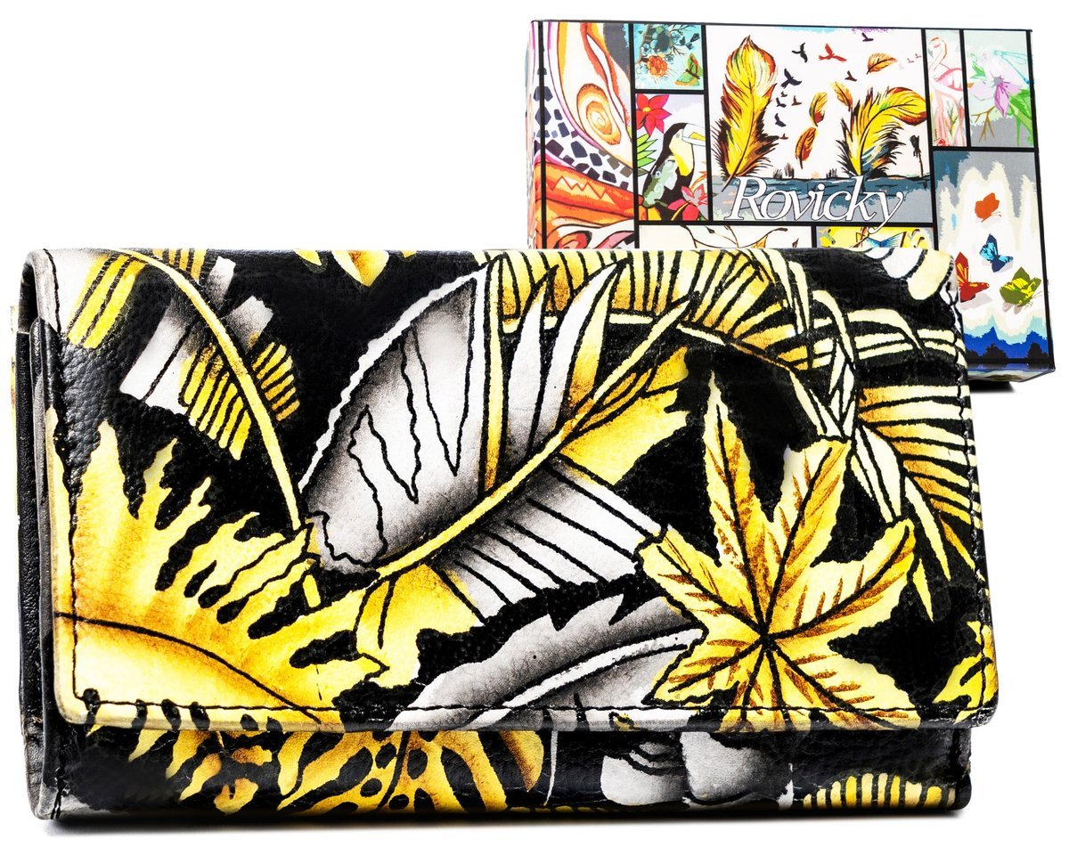 Portfel damski skórzany Rovicky na zatrzask modna portmonetka na karty i dokumenty z ochroną RFID, różnokolorowy żółty