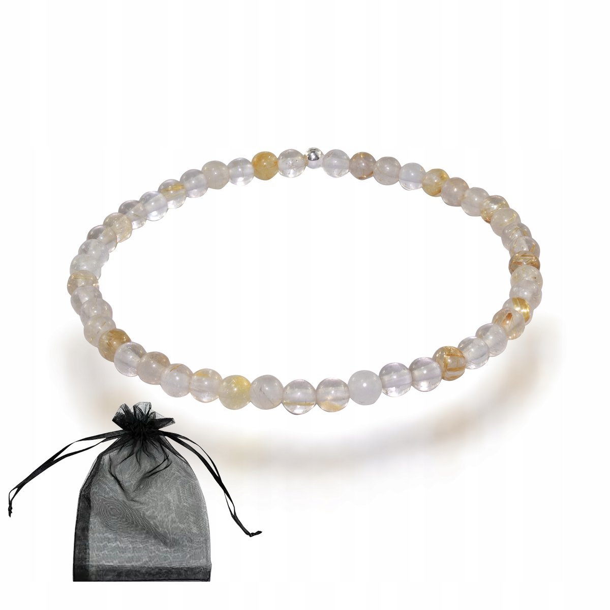 Bransoletka Naturalny Kwarc z Rutylem gładkie kulki 4mm gumka Srebro 18cm, bez marki, AG00000165