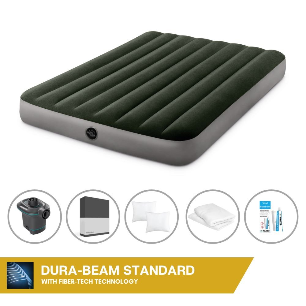 Łóżko dmuchane Intex - 2 osoby - 137 x 191 x 25 cm - zielone + pompka elektryczna Intex - 650 litrów/min + prześcieradło czarne + poduszka + poszewki Molton 2 w 1 + zestaw naprawczy
