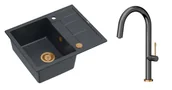 Zlewozmywaki z baterią - Quadron Unique Zlewozmywak granitowy jednokomorowy 62*50*22 cm z ociekaczem MORGAN 116 BLACK DIAMOND z syfonem Push-2-Open w kolorze miedzianym z baterią HALEY T LINE GRAPHITE METAL kolor grafit/wykończenie miedź - miniaturka - grafika 1