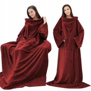 CIEPŁY KOC Z RĘKAWAMI XXL KOCOBLUZA SZLAFROK OVERSIZE 2W1 BORDOWY - Koce - miniaturka - grafika 1