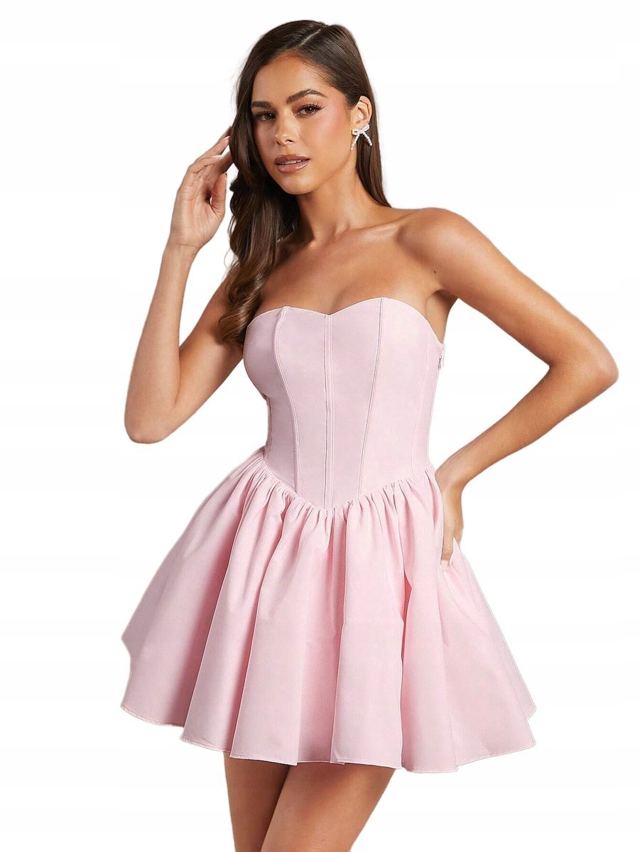 SHEIN RÓŻOWA ROZKLOSZOWANA SUKIENKA NA STRAPLESS Z WIĄZANIEM 34 11LA