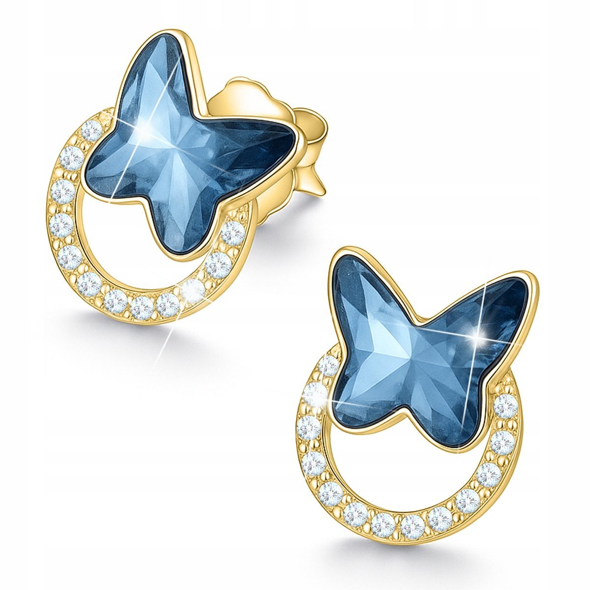 Złote Kolczyki Motyle Motylki Niebieskie Skrzydła Motyla Motyl SREBRO 925