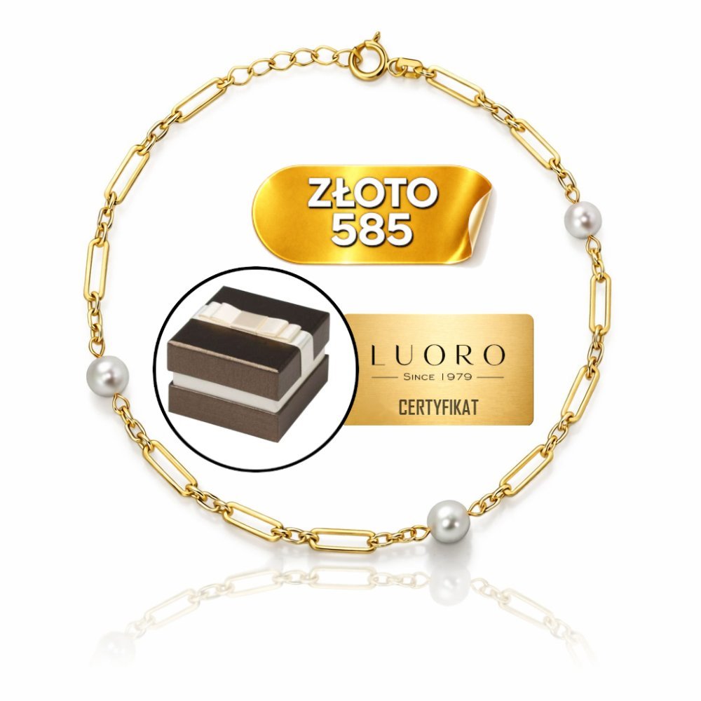 BRANSOLETKA ZŁOTA 585 14K DŁUGIE OGNIWA PERŁY NATURALNE DELIKATNA 16,5 CM