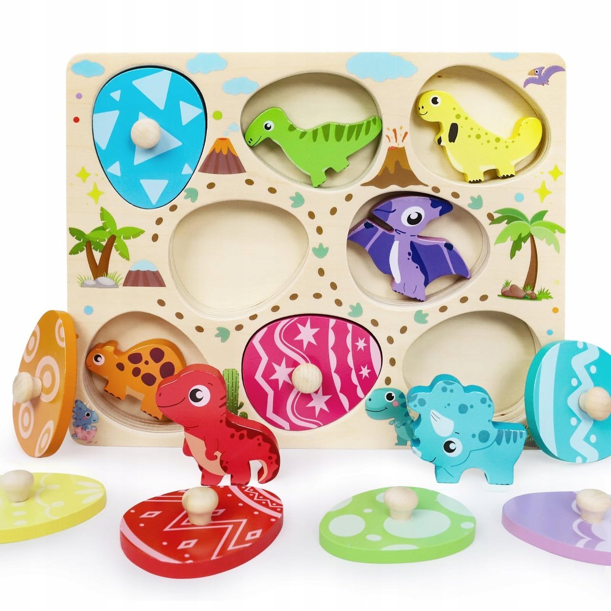 LZDMY Drewniane Puzzle Montessori Dla Dzieci 1-3 Lata Dinozaury Edukacyjne