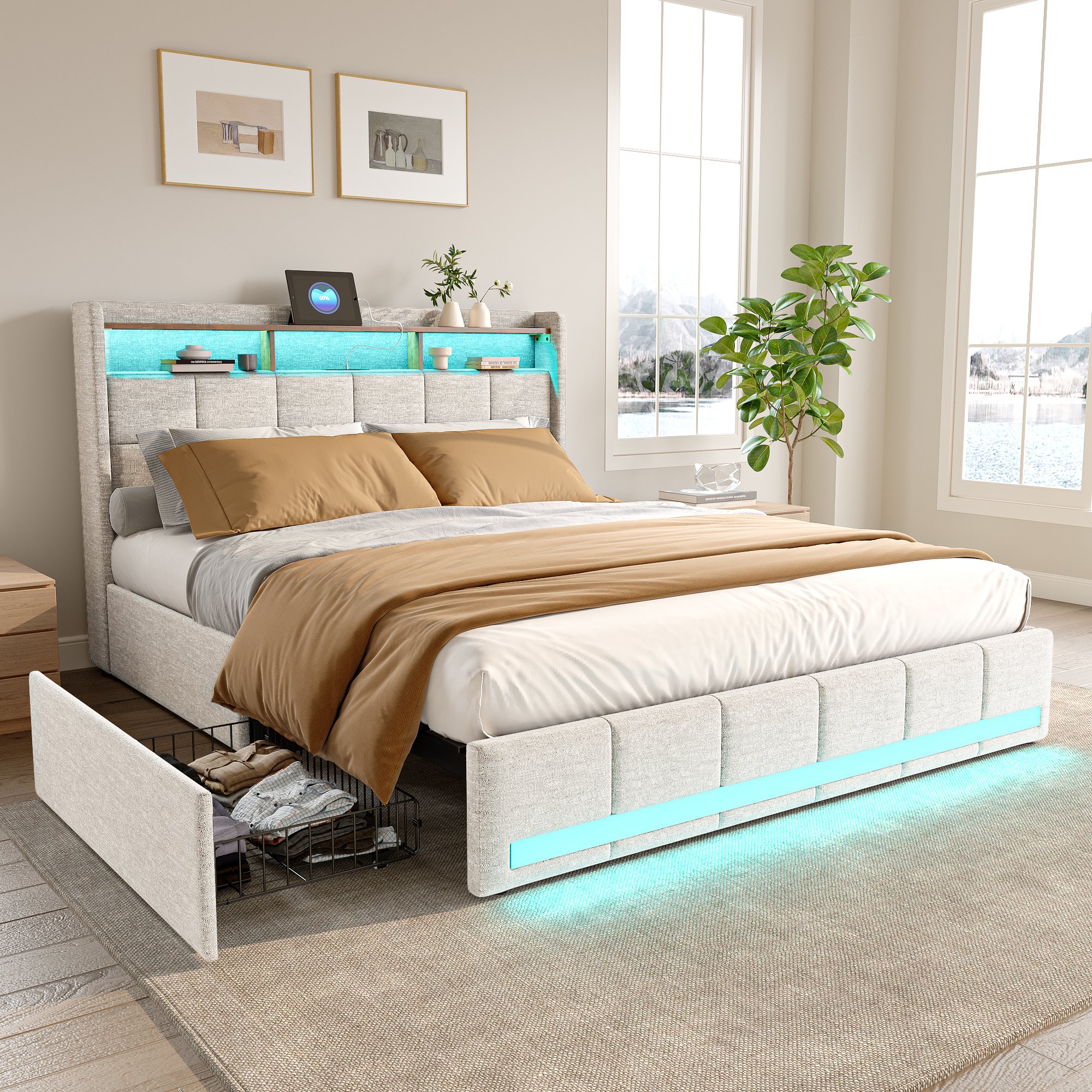 Łóżko tapicerowane 140x200cm z USB, łóżko młodzieżowe podwójne ze stelażem listwowym i 4 szufladami, łóżko do przechowywania z LED, pościel, beżowy