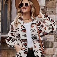 Kurtki damskie - TEMU Kurtka Polarowa z Zamkiem w Wzór Aztecki, Elegancka Długa Kurtka Zimowa i Jesienna dla Kobiet - miniaturka - grafika 1