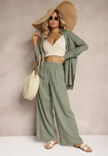 Komplety damskie - Zielony Wiskozowy Komplet Spodnie z Szerokimi Nogawkami i Gumką w Talii Koszula na Guziki Tinamars - miniaturka - grafika 1