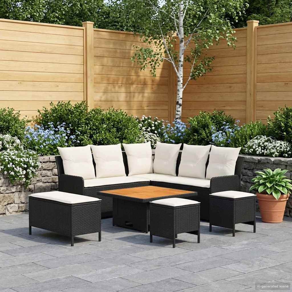 vidaXL Zestawy mebli z poduszką 7 pcs Czarny i kremowy Rattan PE