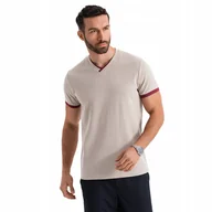 Koszulki męskie - Męski t-shirt z kontrastowymi wstawkami serek beżowy OM-TSCT-0198 V2 r. S - miniaturka - grafika 1