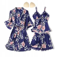 Komplety bielizny - SATYNOWA PIŻAMA DAMSKA KOMPLET 3w1 SZLAFROK KOSZULKA NOCNA HALKA SPODENKI KOLOR GRANATOWY - miniaturka - grafika 1