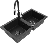 Zlewozmywaki z baterią - Mexen Mario zlewozmywak granitowy 2-komorowy z baterią kuchenną Savita, czarny/srebrny metalik - 6504-73-672601-70-B - miniaturka - grafika 1