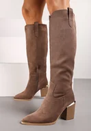 Kozaki damskie - Ciemnobeżowe Kozaki na Obcasie z Metaliczną Aplikacją Rianalla - miniaturka - grafika 1