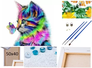 Malowanie po numerach Obraz Rama Płótno ZESTAW 5w1 KOT I MOTYL W KOLORZE - Malowanie po numerach - miniaturka - grafika 1