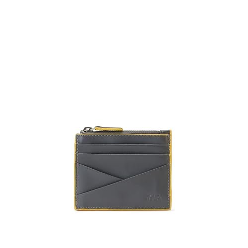 NAVA DESIGN - Skórzany portfel męski z sześcioma DC Portmonetka na zamek i ekran RFID, kolor szary/żółty - rozmiar 8 x 10 cm
