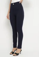 Legginsy - Granatowe Legginsy z Wiskozą z Wysokim Stanem Zdobione Guzikiem z Cyrkoniami Nalette - miniaturka - grafika 1