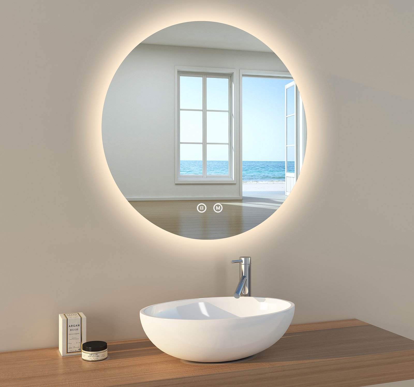 Lustro łazienkowe EMKE LED Lustro łazienkowe z oświetleniem Okrągłe 70cm 3 kolory światła Ściemnialne Lustro z przełącznikiem dotykowym Energooszczędne lustro LED