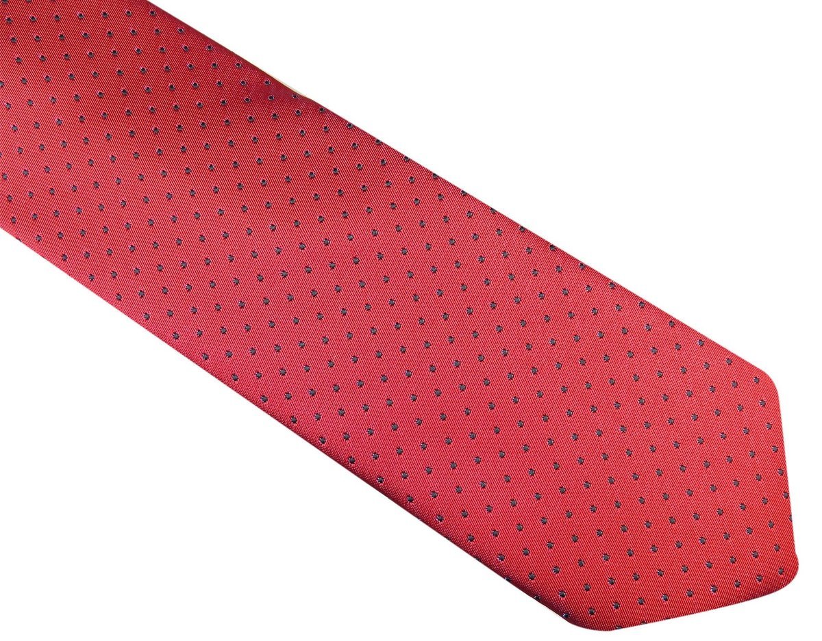 Czerwony krawat męski w czarne kropki D128