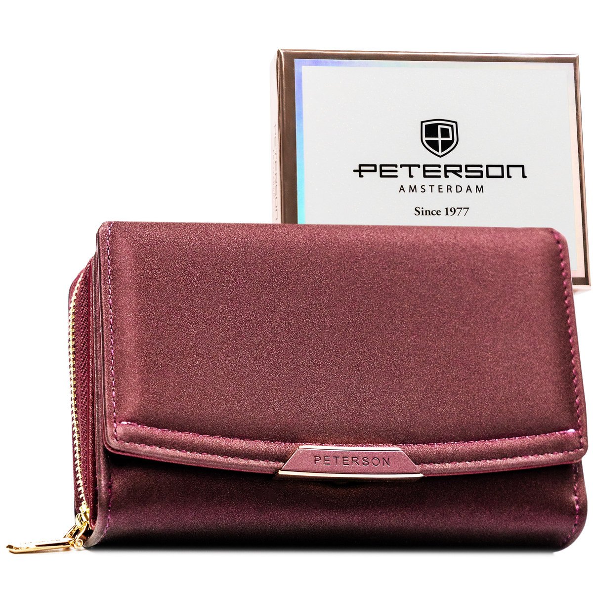 Modny portfel damski PETERSON mały elegancki na zatrzask i suwak ochrona kart RFID fioletowy