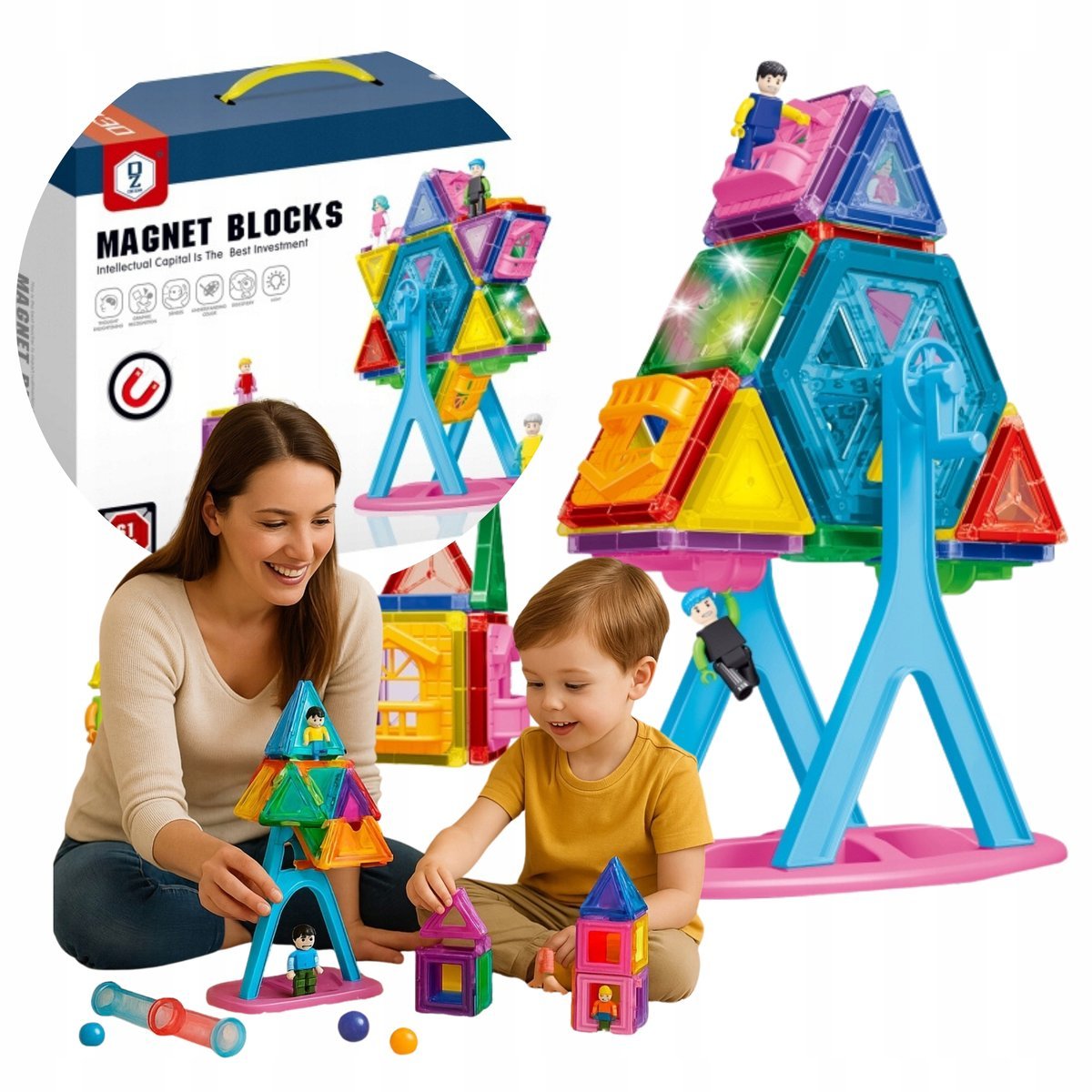 Klocki Magnetyczne Konstrukcyjne Zestaw 3d Edukacyjne Duże 61 El 395a