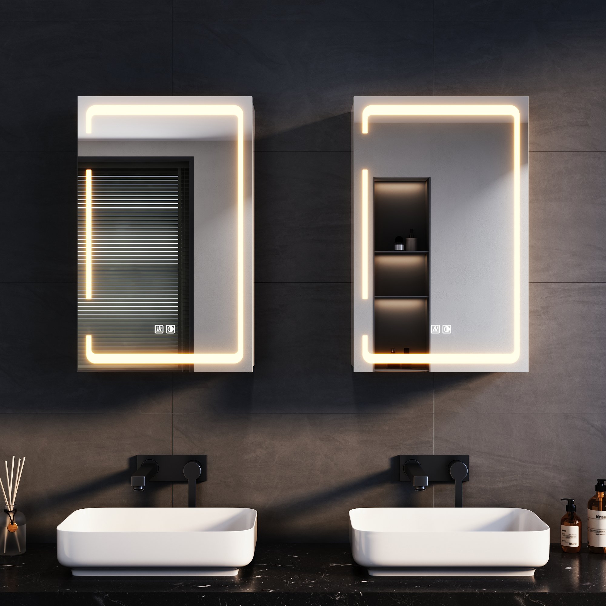 SONNI Metalowa szafka lustrzana z oświetleniem LED 38x60x14 cm, Ściemnialny przełącznik dwudotykowy, 1 drzwi, Bezprzewodowa konstrukcja zawiasów Szafka ścienna, Szafka łazienkowa, Gniazdo golarki, Regulowane przegrody