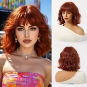Pozostałe akcesoria fryzjerskie - TEMU Peruka typu bob o długości 10 cali w kolorze czerwonawo-brązowym z grzywką, gęsty kręcony styl, wysokiej jakości włókno odporne na ciepło, - miniaturka - grafika 1