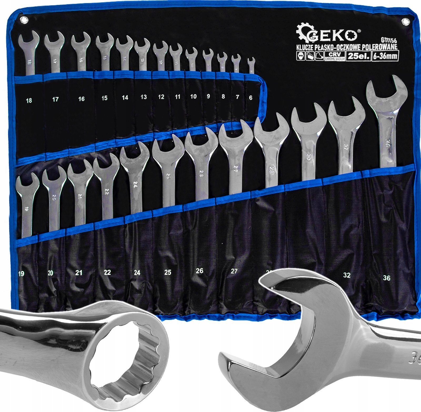 Geko Klucze płasko-oczkowe polerowane 6-36mm 25el. CRV 4