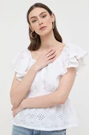 Bluzki damskie - Guess bluzka bawełniana damska kolor biały gładka - miniaturka - grafika 1