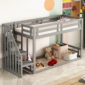 Łóżka dla dzieci i młodzieży - Łóżko piętrowe dla dzieci ze schodami i stelażem - 90x200cm - szare - miniaturka - grafika 1