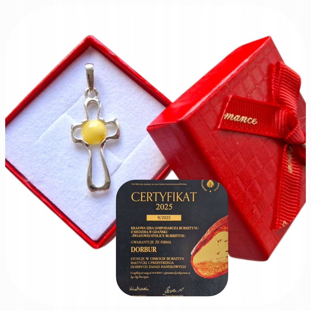 Krzyżyk srebrny z mlecznym bursztynem Srebro 925 Zawieszka prezent